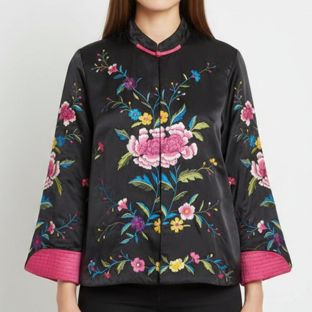 Norm Thompson Vintage Embroidered Floral Jacket Likely 100% Silk – Size Approx L